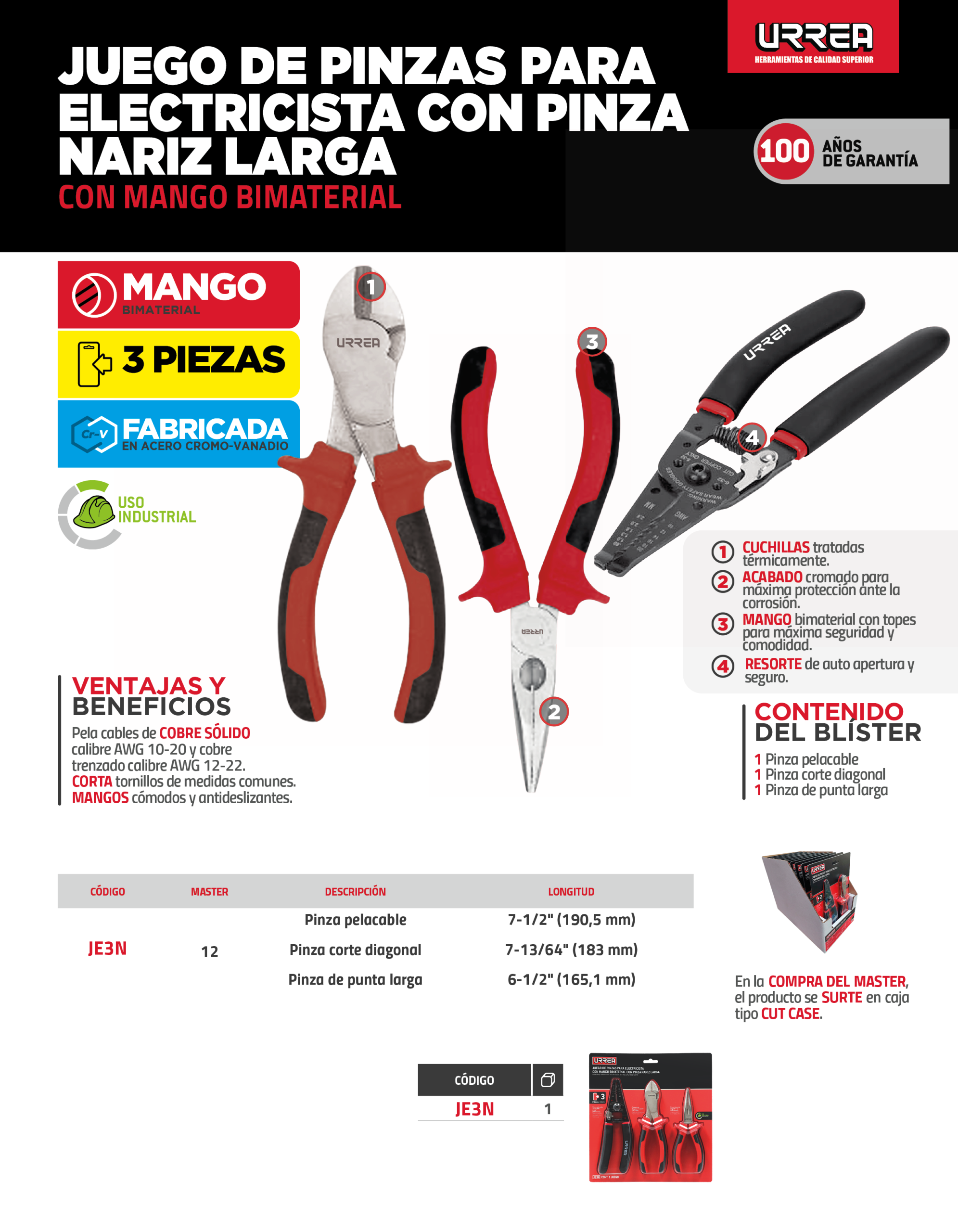 JE3N Juego de pinzas para electricista con mango bimaterial con pinza nariz larga, 3 piezas Urrea - Imagen 3