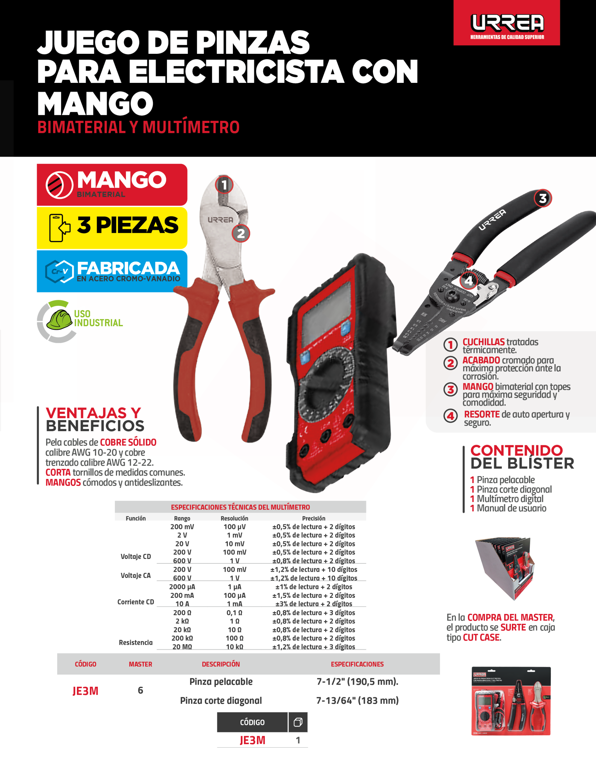 JE3M Juego de pinzas para electricista con mango bimaterial con multimetro, 3 piezas Urrea - Imagen 3