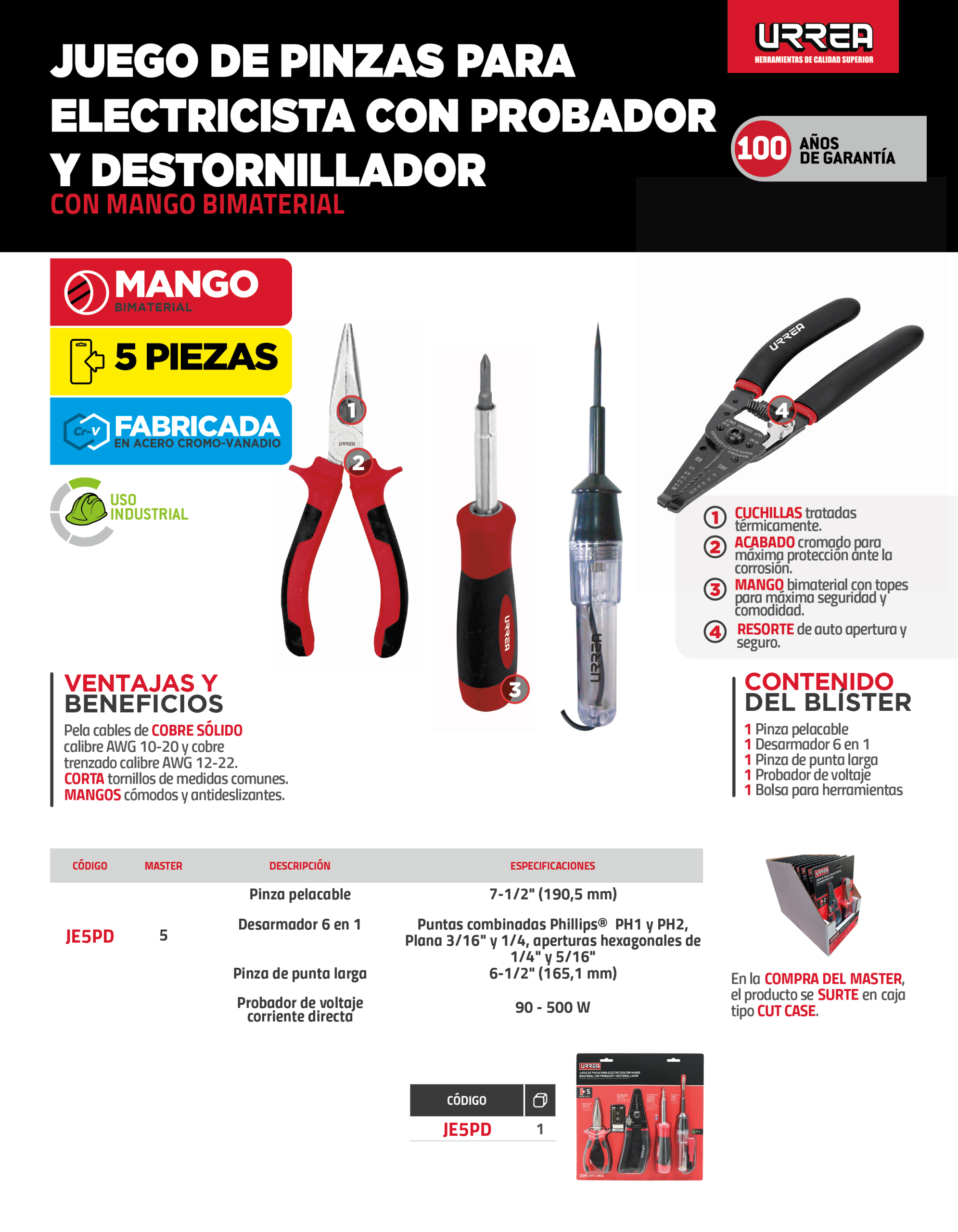 JE5PD Juego de pinzas para electricista con mango bimaterial con probador y destornillador, 5pz Urrea - Imagen 3