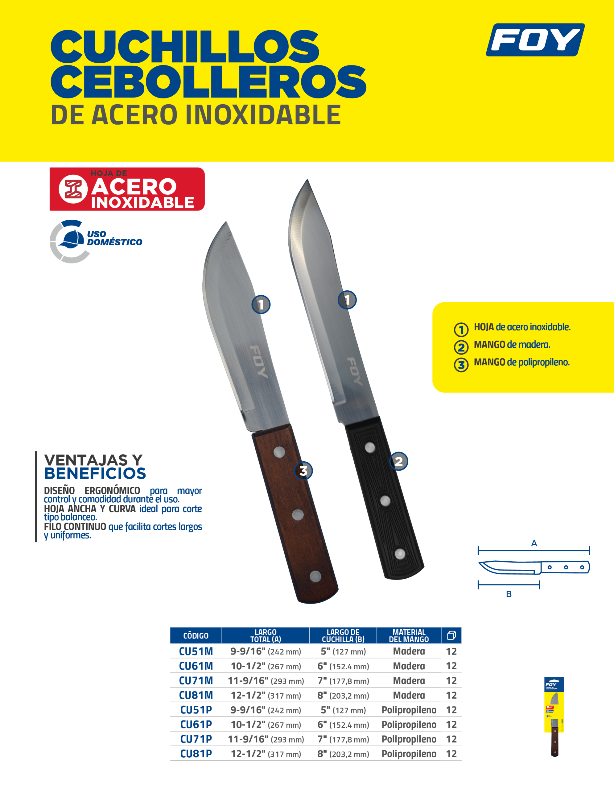 CU51M Cuchillo cebollero de acero inoxidable con mango de madera de 5" Foy - Imagen 3
