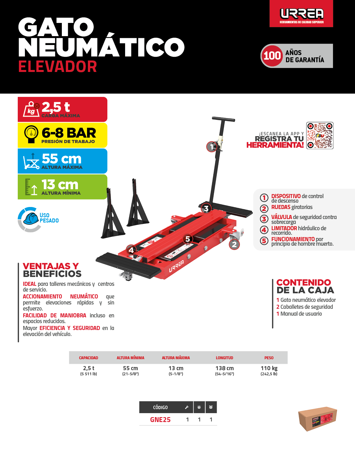 GNE25 Gato neumático elevador 2.5 ton Urrea - Imagen 3