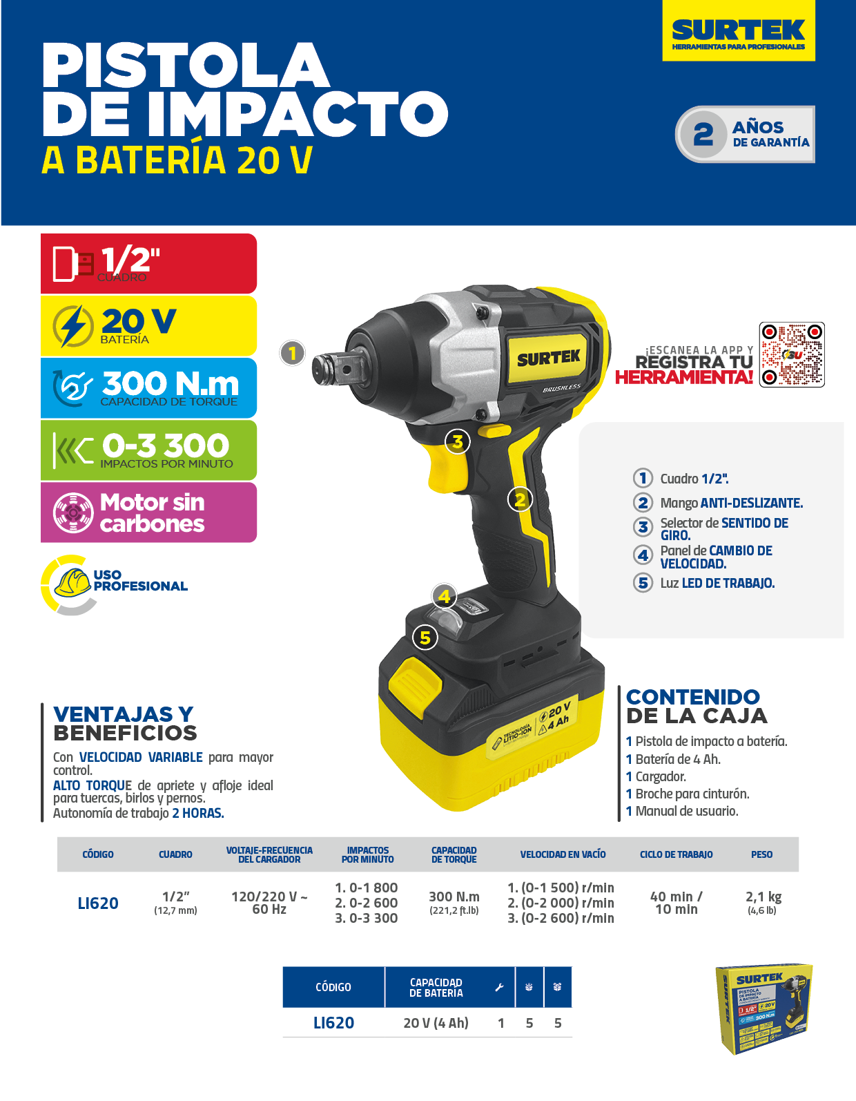 LI620 Pistola de impacto 1/2" a batería Litio-ion 20 V, 230 Nm Surtek - Imagen 3