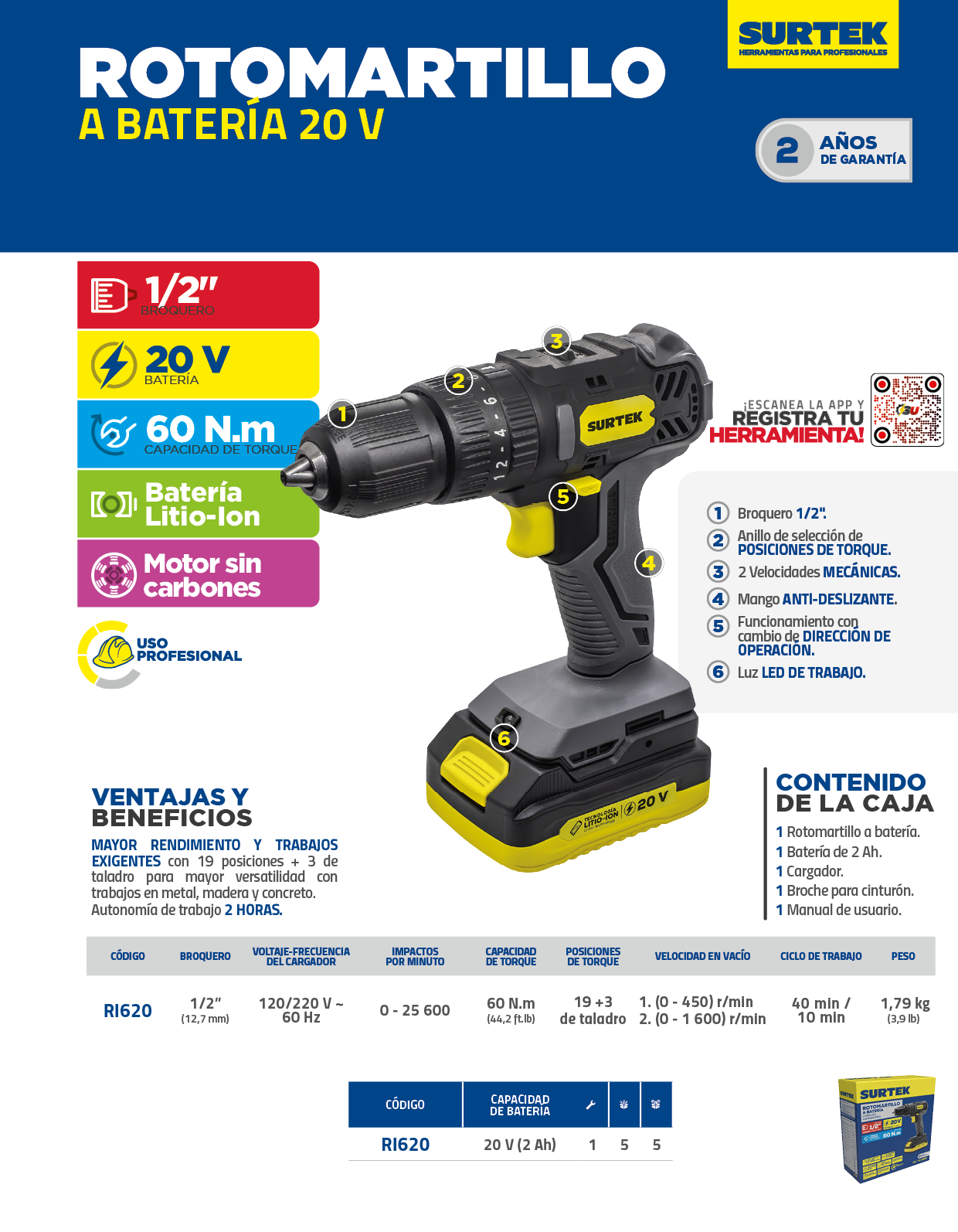 RI620 Rotomartillo de impacto 1/2" a batería Litio-ion 20 V, 38 Nm Surtek - Imagen 7