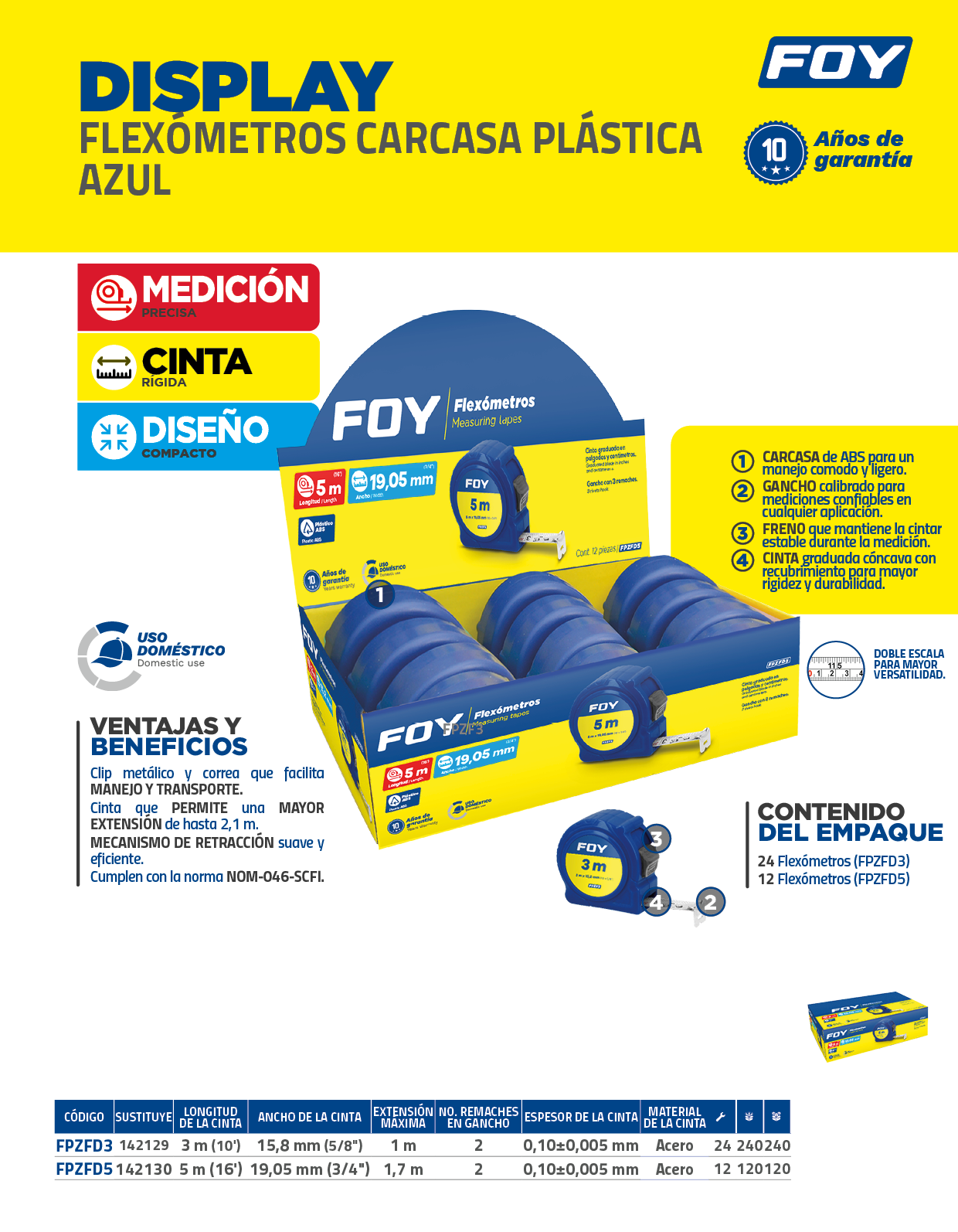 FPZFD3 Flexómetros con carcasa de plástico azul en display, 3 m x 16 mm Foy - Imagen 2