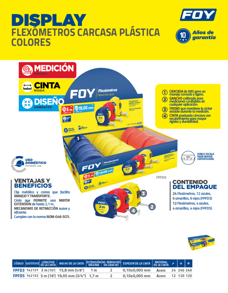 FPFD3 Flexómetros con carcasa de plástico colores en display, 3 m x 16 mm Foy