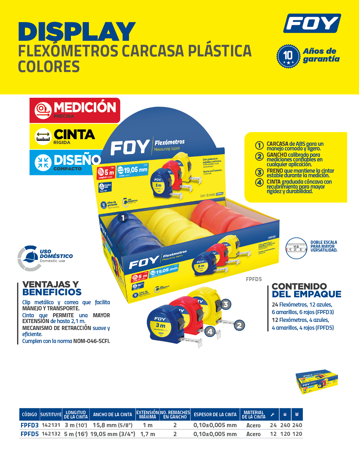 FPFD3 Flexómetros con carcasa de plástico colores en display, 3 m x 16 mm Foy