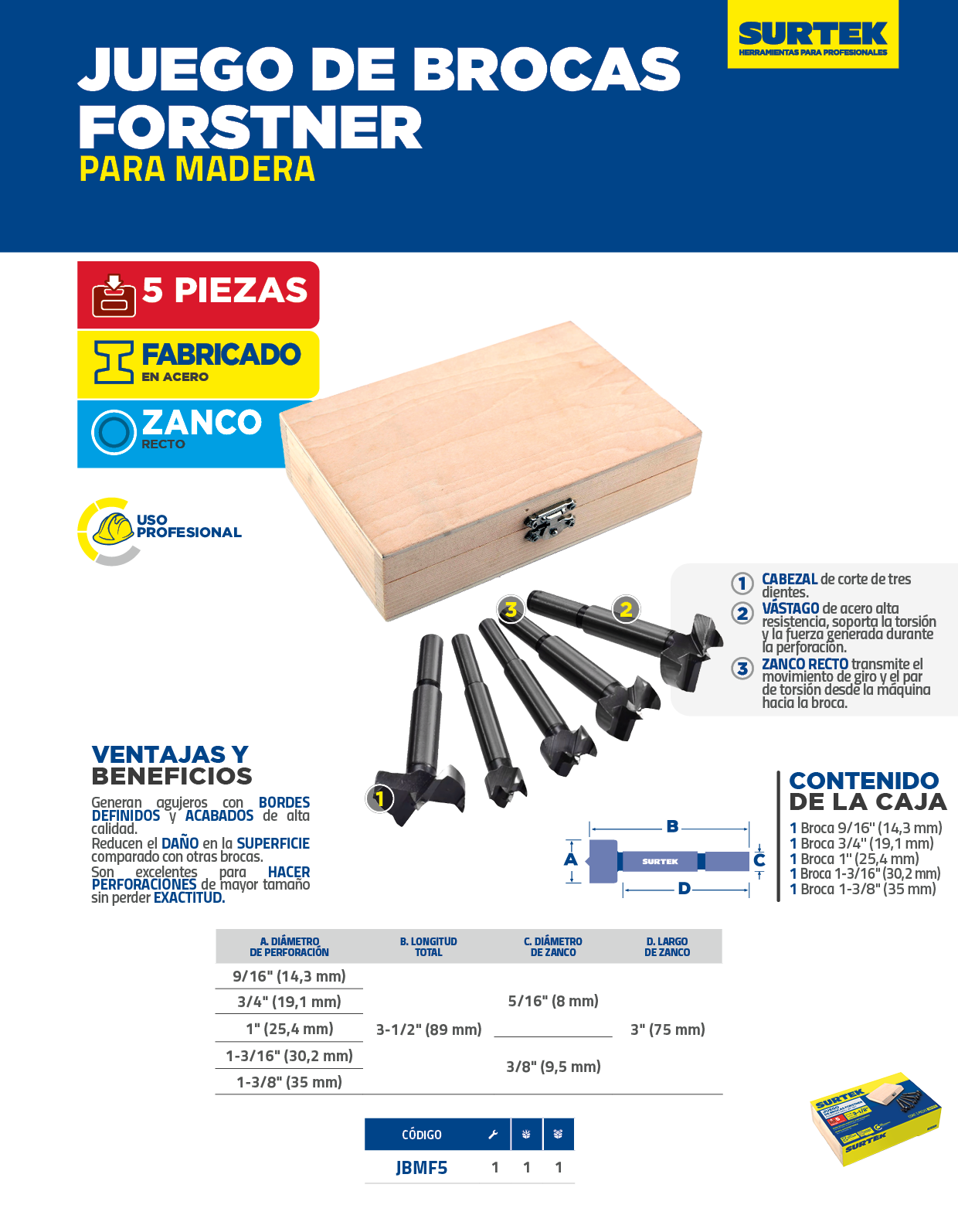 JBMF5 Juego de brocas para madera de acero forstner zanco de 7/16", 5 piezas Surtek - Imagen 3