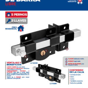 L570INM Cerradura de barra libre función izquierda, negro mate, llave estándar, en caja Lock