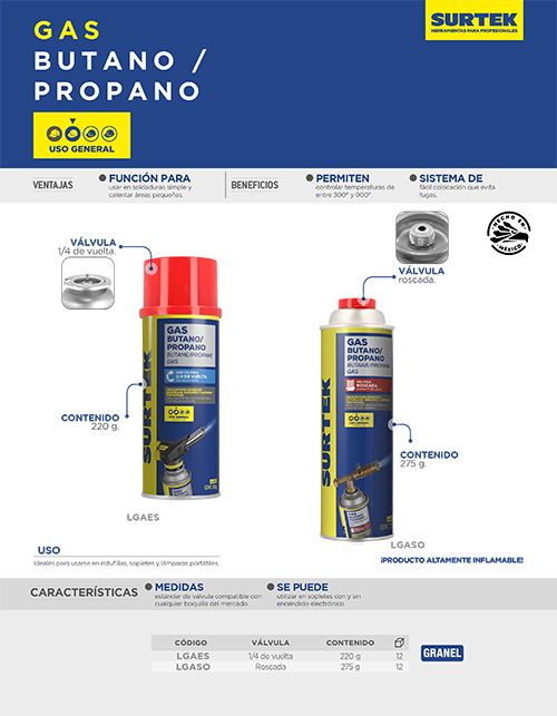 LGASO Lata de gas butano/propano con válvula roscada 275 g Surtek - Imagen 2