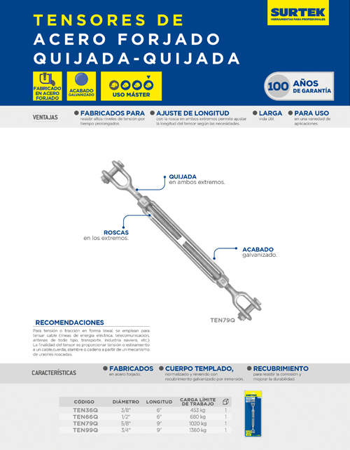 TEN79Q Tensor de acero forjado quijada - quijada 5/8" x 9" Surtek - Imagen 2