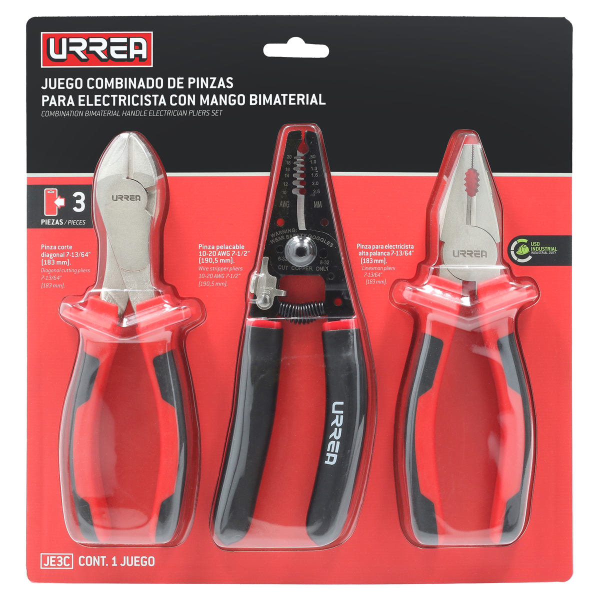 JE3C Juego de pinzas para electricista con mango bimaterial combinado, 3 piezas Urrea - Imagen 2