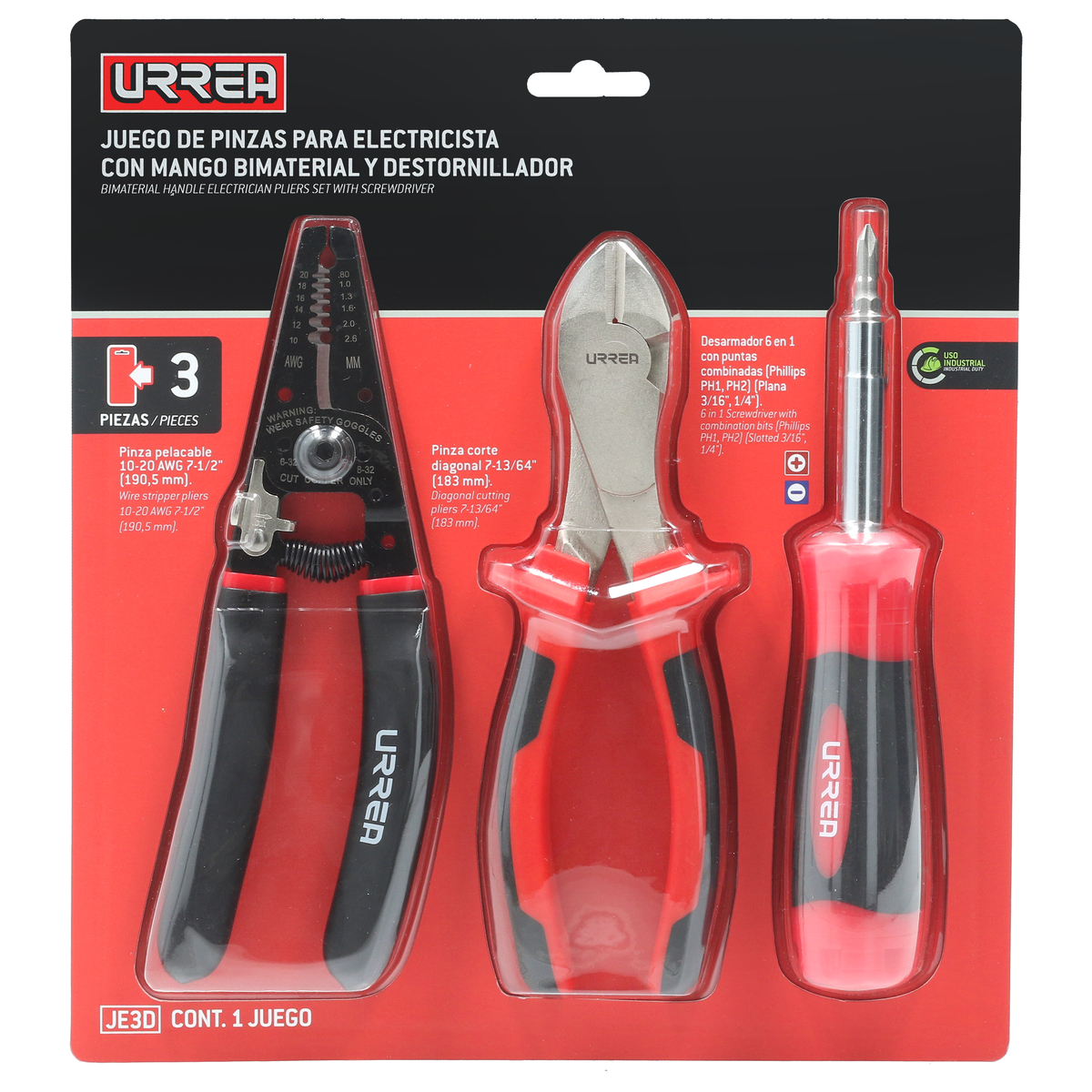 JE3D Juego de pinzas para electricista con mango bimaterial con destornillador, 3 piezas Urrea - Imagen 2