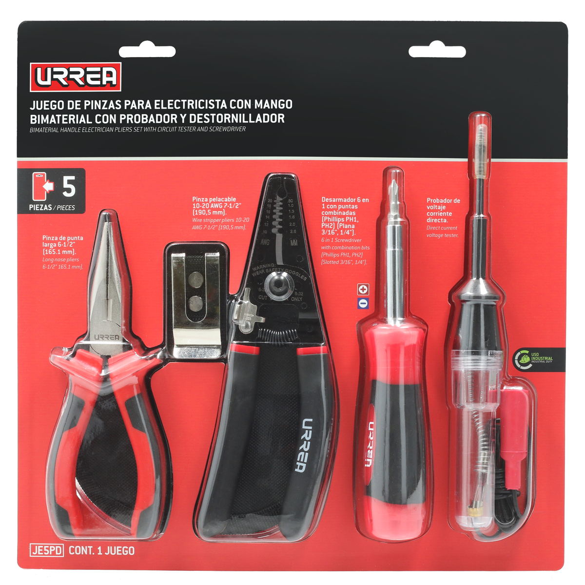 JE5PD Juego de pinzas para electricista con mango bimaterial con probador y destornillador, 5pz Urrea - Imagen 2