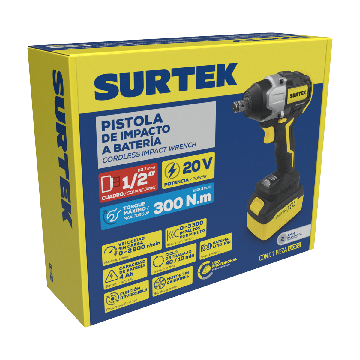 LI620 Pistola de impacto 1/2" a batería Litio-ion 20 V, 230 Nm Surtek - Imagen 2