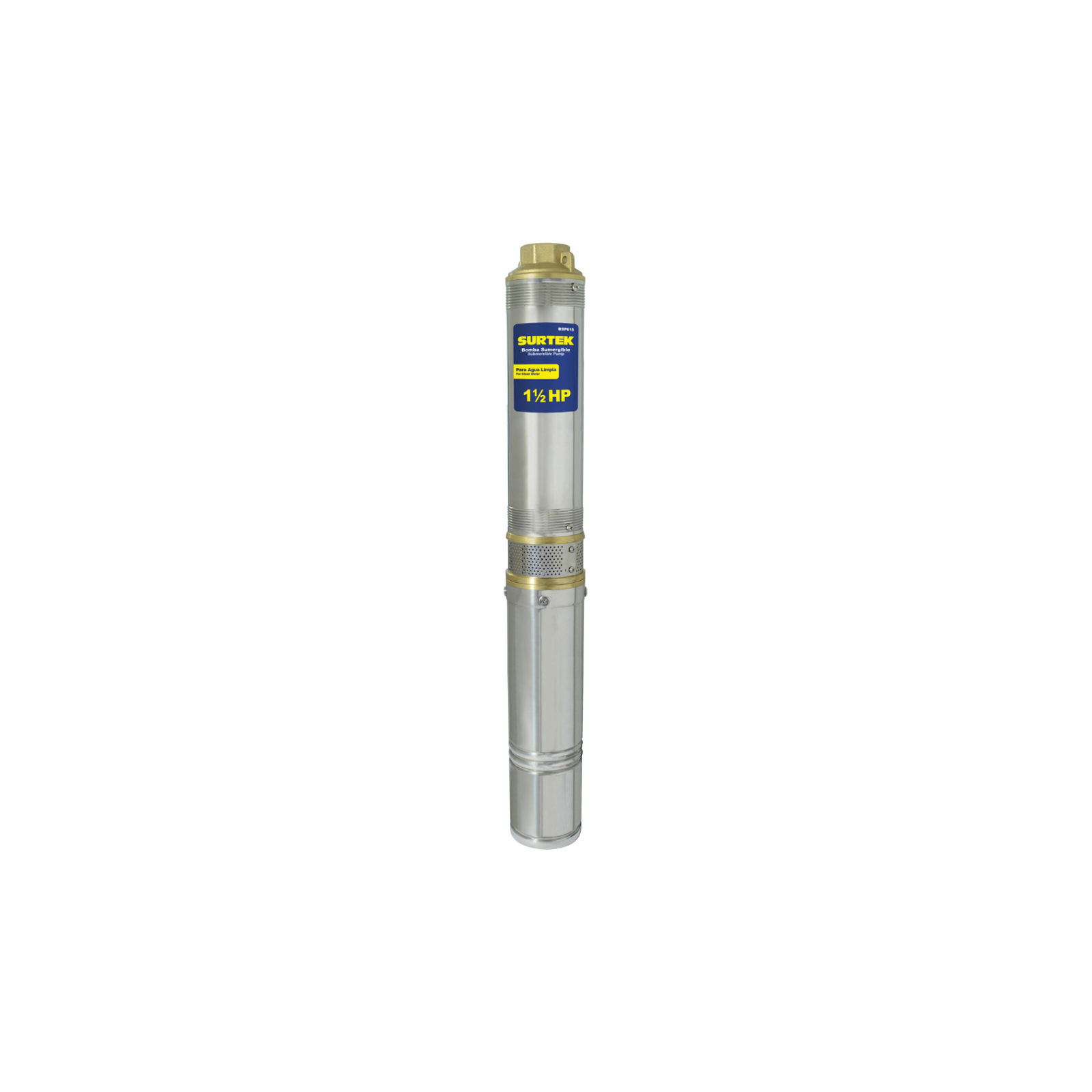 BSP615 Bomba sumergible para pozo profundo, potencia de 1 1/2 HP,corriente de 9,2 A, con 6 número de etapas, flujo máximo de 86 L/Min, profundidad máxima de 6 m, elevación máxima de 54 m, con voltaje-frecuencia de 127 V ~ 60 hz, velocidad en vacío de 3450 r/min y peso de 12,7 kg.