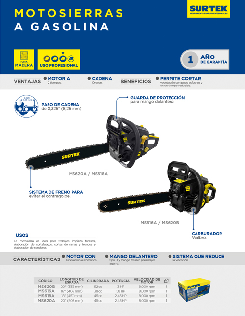MS616A Motosierra a gasolina 16" 38cc Surtek - Imagen 2