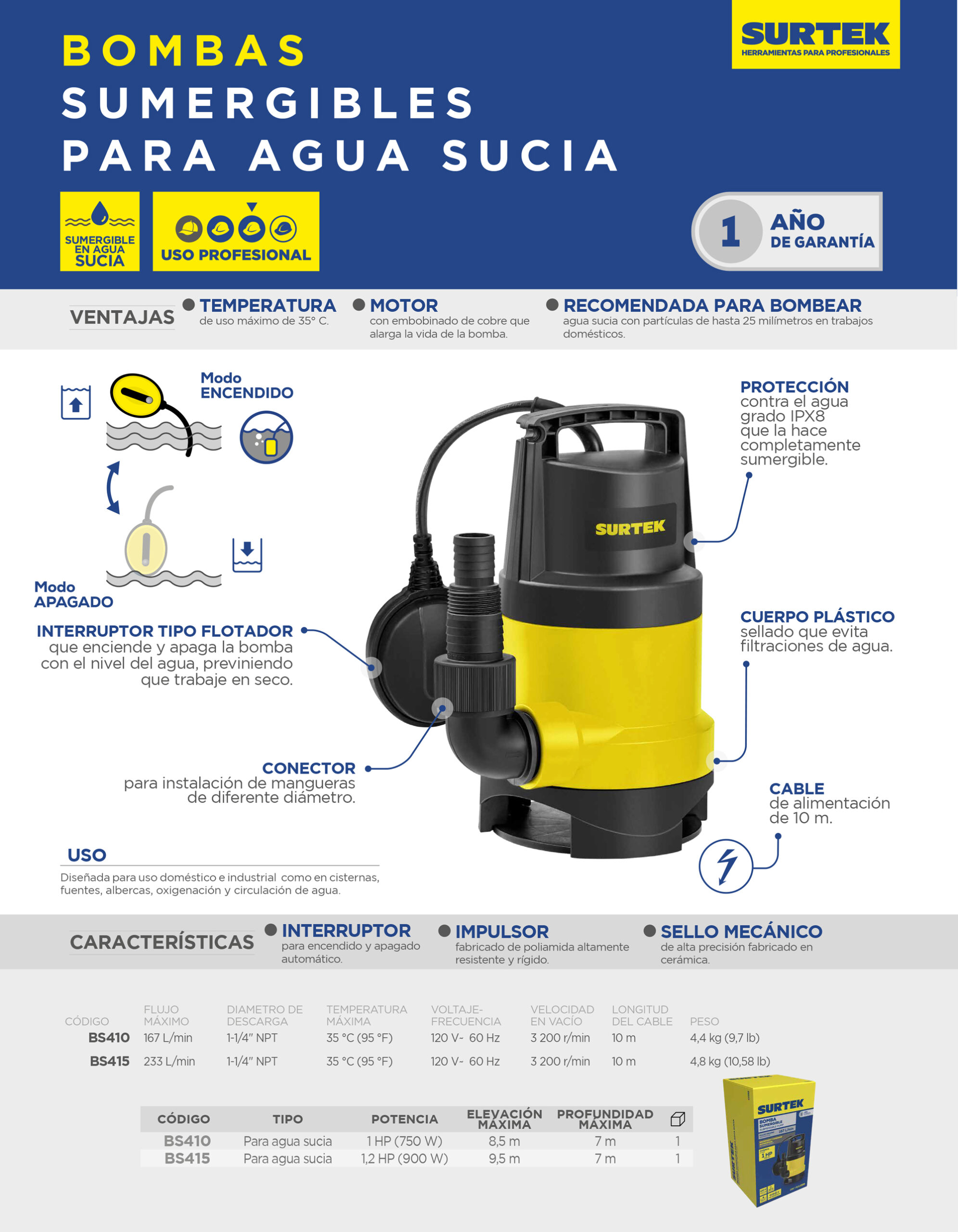 BS410 Bomba sumergible para agua sucia 1 HP Surtek - Imagen 2
