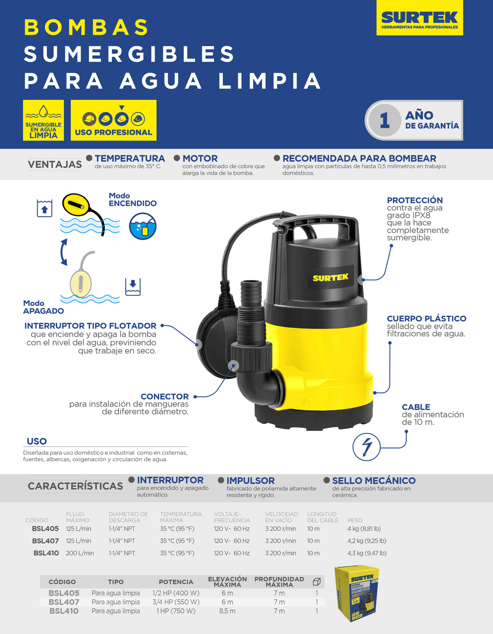 BSL405 Bomba sumergible para agua limpia 1/2 HP Surtek - Imagen 2