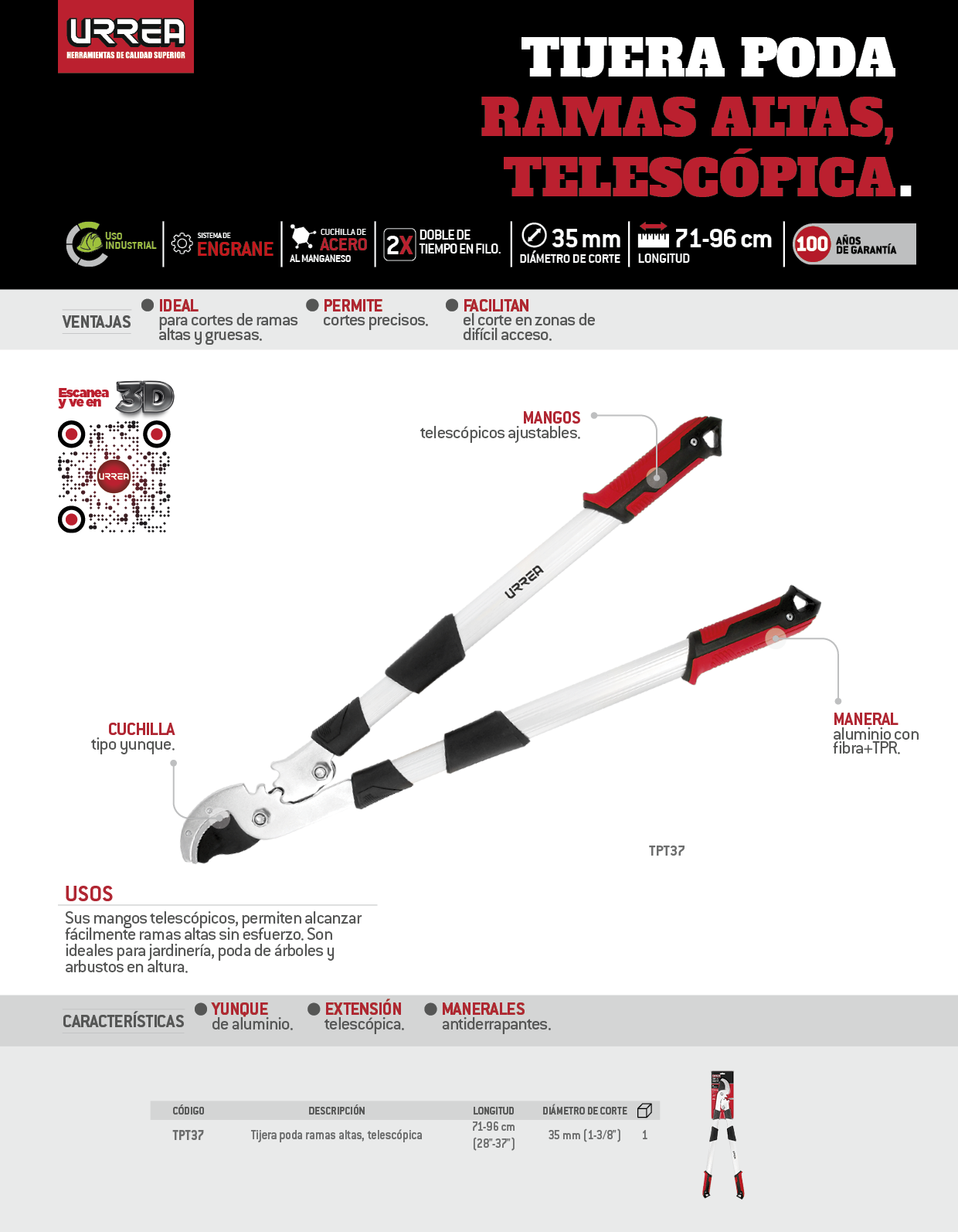 TPT37 Tijeras para ramas altas 28 - 37" telescópico Urrea - Imagen 2