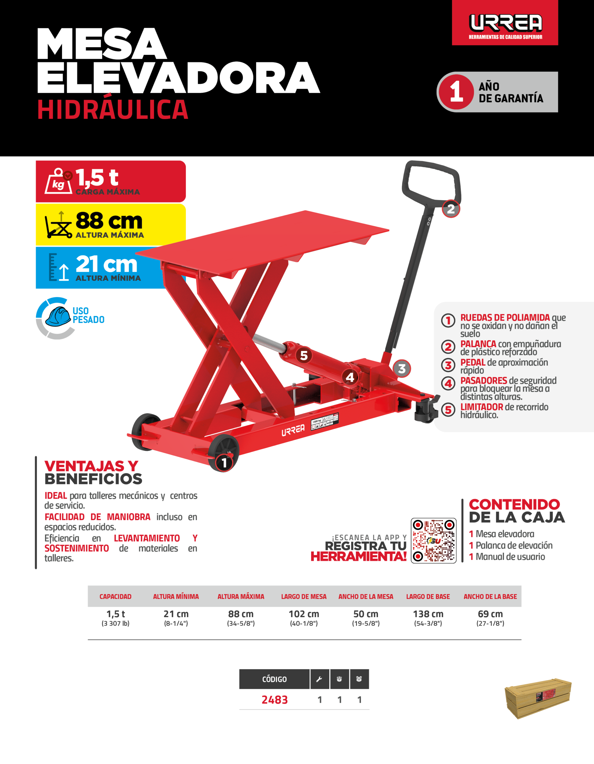 2483 Mesa hidráulica elevadora 1.5 ton Urrea - Imagen 3