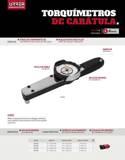 6178B Torquímetro de carátula cuadro de 3/8", 0-300 in-lb Urrea - Imagen 2