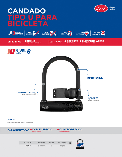 58CA Candado para bicicleta tipo disco "U" Lock - Imagen 2