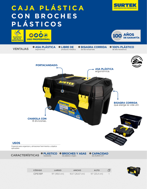 CPS19P Caja portaherramientas plástica con broches plásticos y charola 19" x 10" x 10" Surtek - Imagen 2